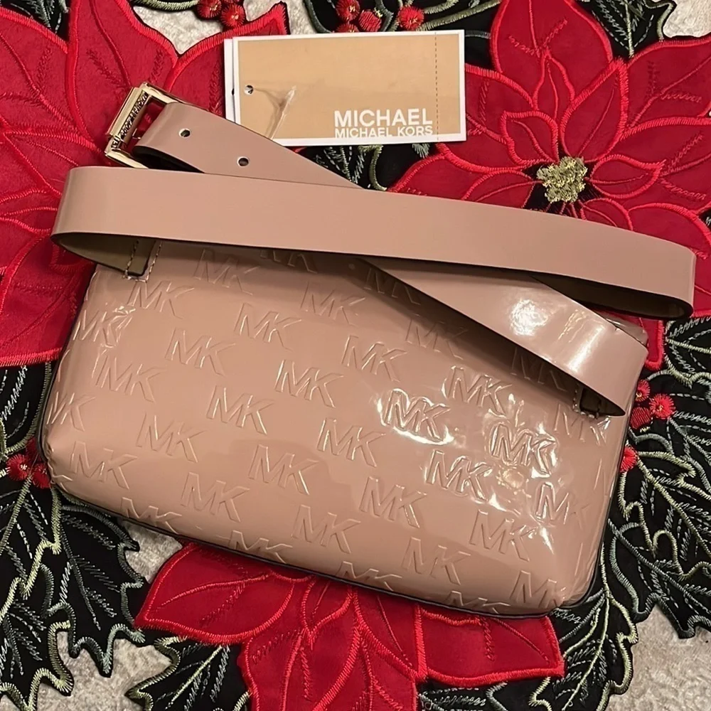 Brand New Michael Kors Logo Debossed Zippered Belt Bag in Fawn Shiny Neutral